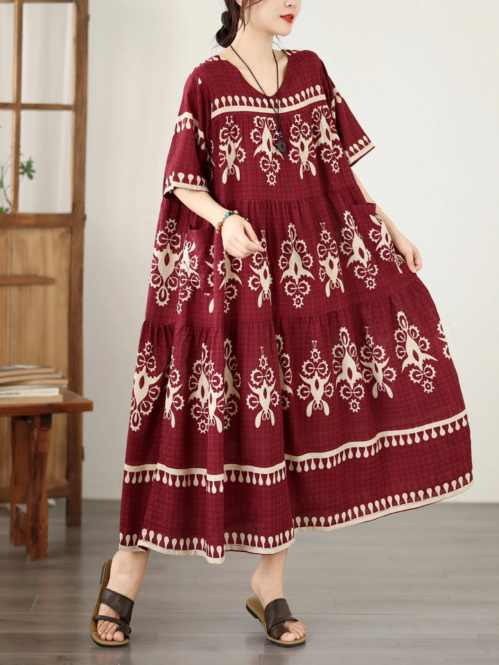 Loose Fit Floral Print Maxi Dress Ethnic Style Women&