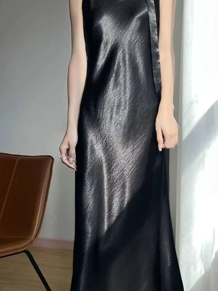 French Elegant Satin Camis Dress Women Summer Loose with Ribbon Midi Dress Female Fashion Aesthetic Party Evening Slip Dress