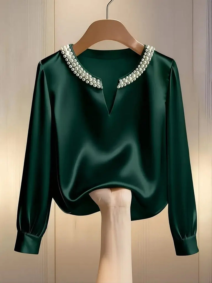 Pearl V-neck Silk Satin Top Women Luxury Elegant Long Sleeve T Shirt Commuter Loose Casual Basic Tees Chic Work Wear