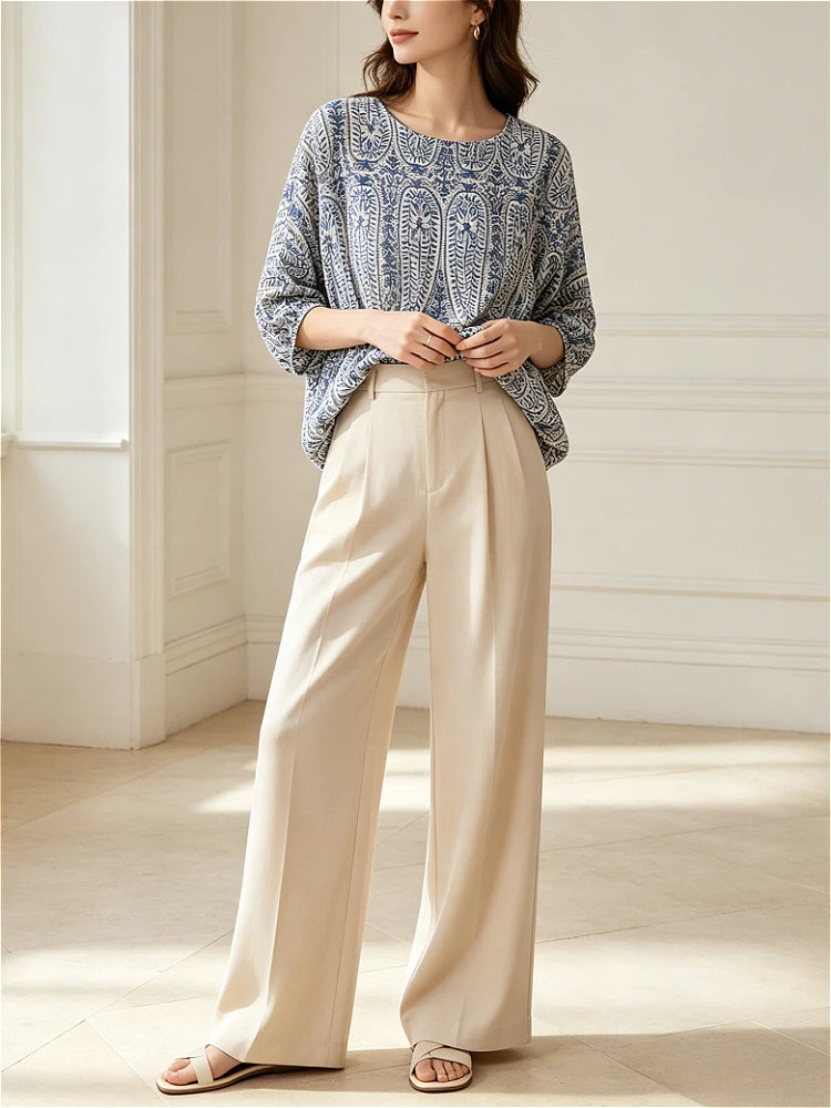 2026 Women Bohemian Linen 2 Piece Set Batwing Sleeve Blouse Wide Leg Pants Loose Casual Office Vacation Women&