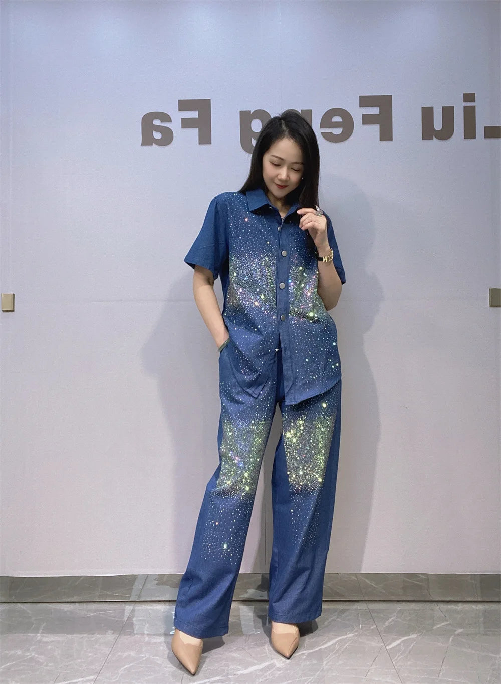 Denim Sequins Turn Down Short Sleeve Blouse &amp; Wide Leg Pant 2 Piece Sets Woman Outfits Jeans Casual Oversized Matching Sets