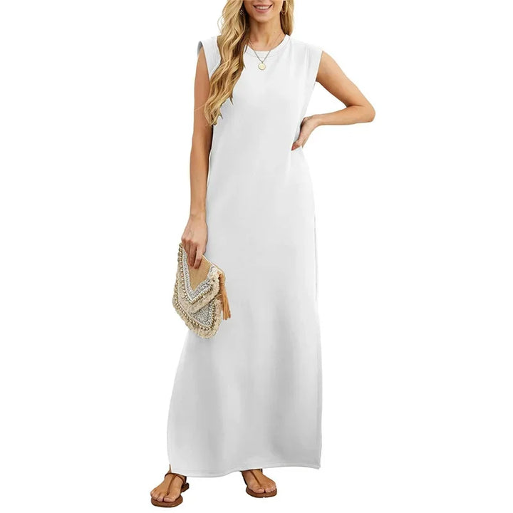 Casual Maxi Dress For Women Summer Loose Sleeveless Long Dresses Elegant Lady O Neck Solid Color Boho Beach Sundress Vestidos