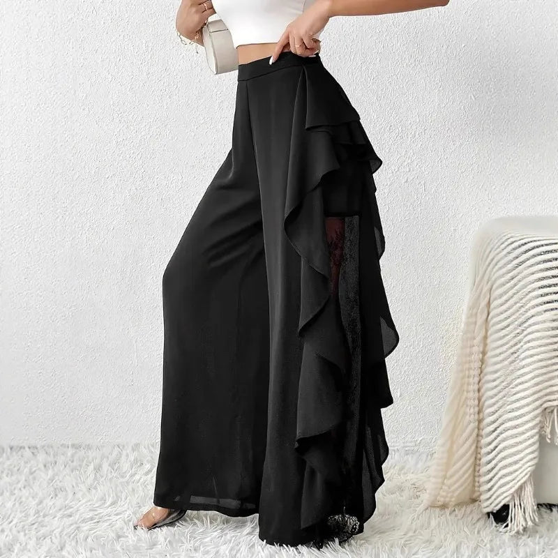 Wide Leg Pants Women Autumn Spliced Ruffles Lace Sheer Mesh Irregular Black Elegant Pants Office Lady Commuter Tierred Trousers