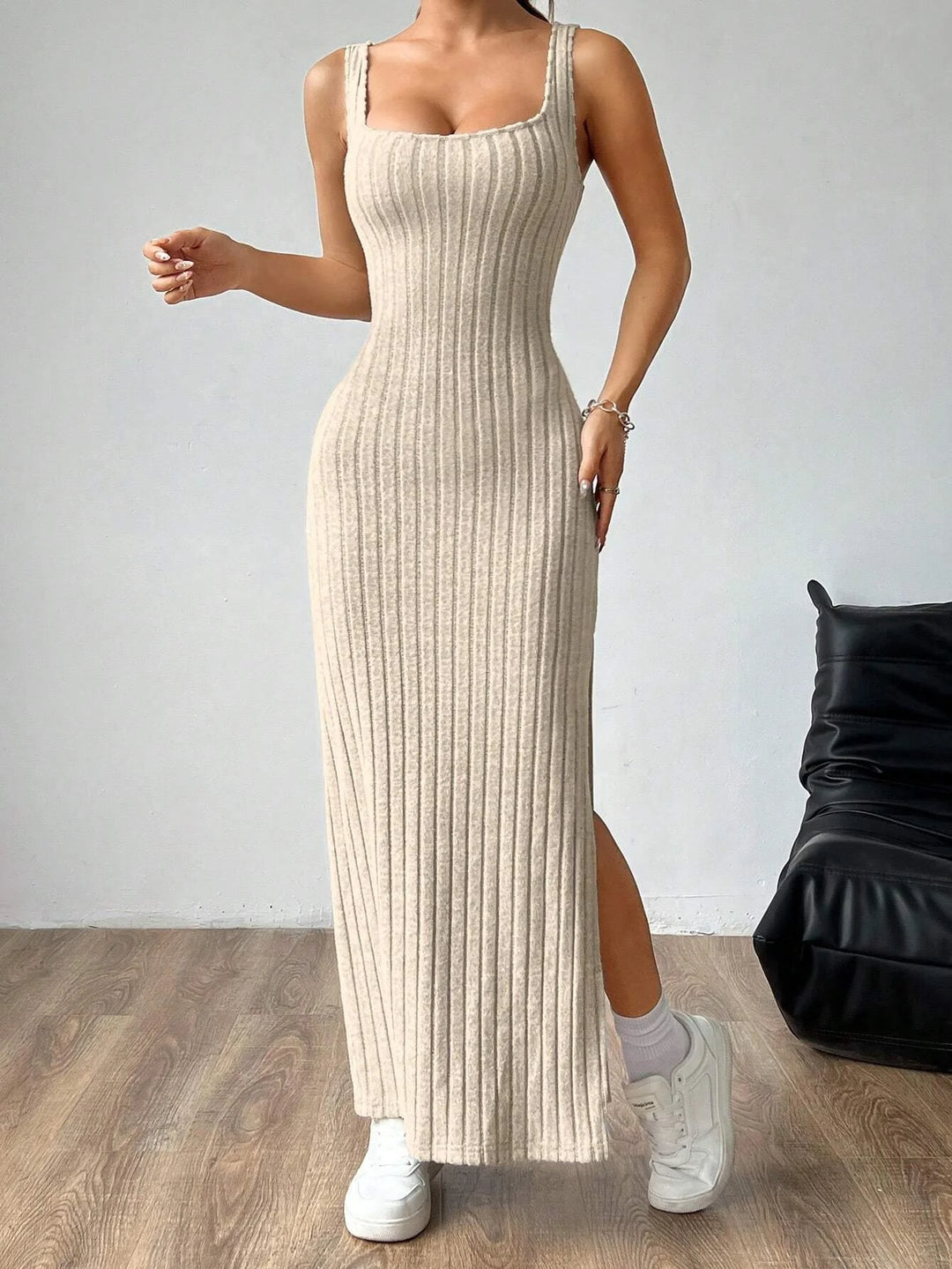 Women Ribbed Knit Maxi Dress Sleeveless Twist Back Cutout High Split Bodycon Long Dress