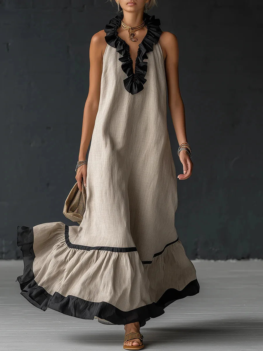 Fashion Patchwork Maxi Dress for Woman V Neck Stringy Selvedge Ruffle Flowy Long Dresses 2026 Summer Beach Vacation Sundress
