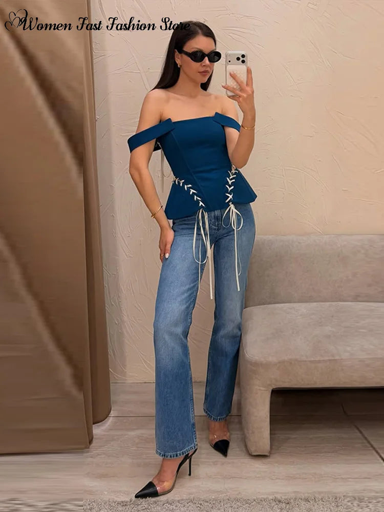 Sexy Off-shoulder Lace Up Tank Tops 2026 Summer New Ladies Slim Sleeveless Backless Fashion Vests Women&