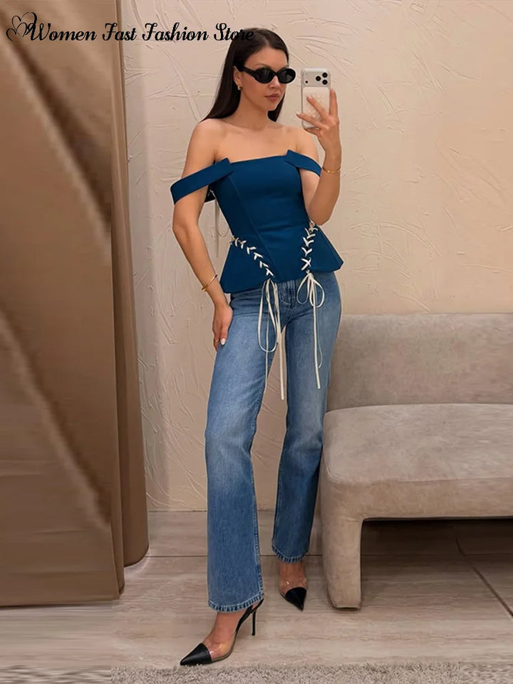 Sexy Off-shoulder Lace Up Tank Tops 2026 Summer New Ladies Slim Sleeveless Backless Fashion Vests Women&