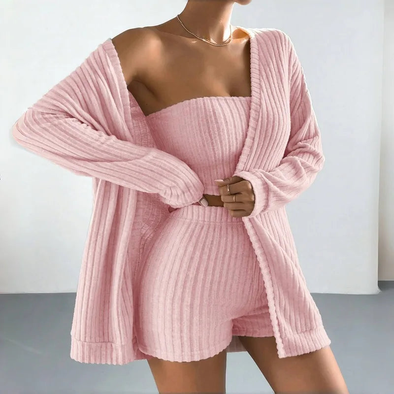 Cozy Brushed Ribbed Knit Women’s 3-Piece Loungewear Set, Long Sleeve Cardigan &amp; Bandeau Top &amp; Shorts, Soft Breathable Versatile