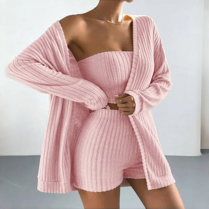 Cozy Brushed Ribbed Knit Women’s 3-Piece Loungewear Set, Long Sleeve Cardigan &amp; Bandeau Top &amp; Shorts, Soft Breathable Versatile