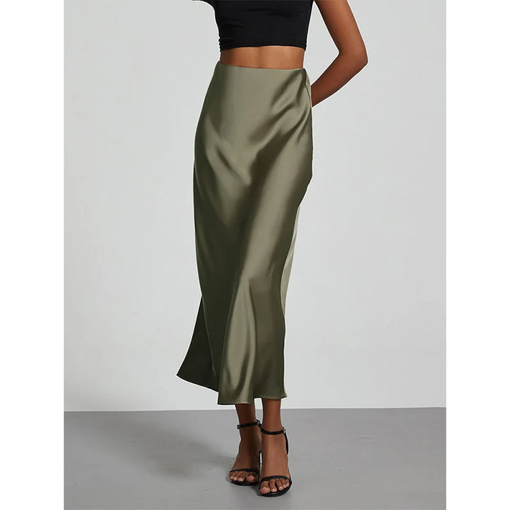 Minimalist Satin Midi Skirt  High Waist Bias Cut Flowy Hem Top for Office &amp; Casual Streetwear