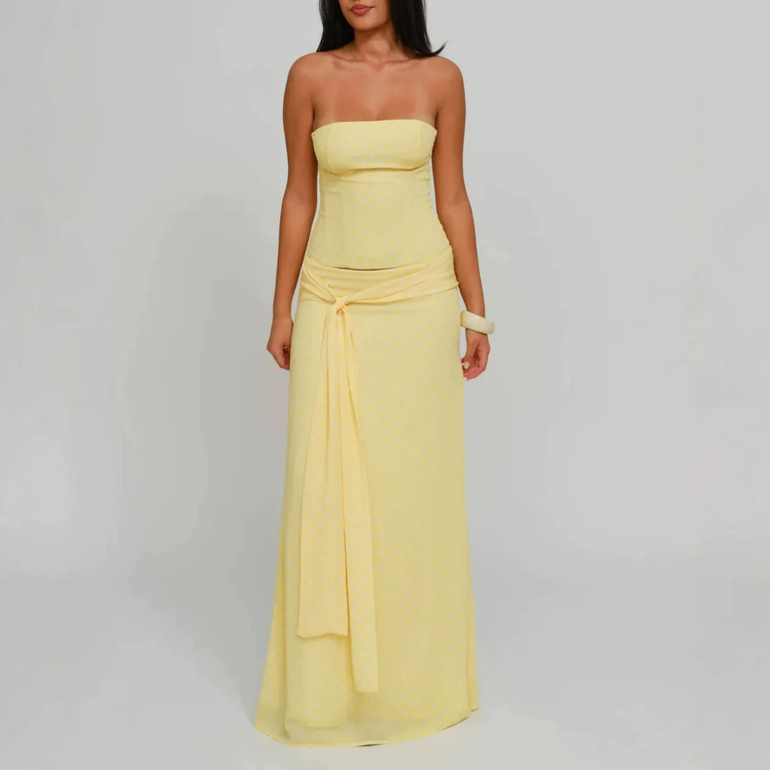 Elegant Strapless Tube Top and Maxi Skirt Two Piece Set Women Crop Top Tie Front Long Skirt Matching Sets Evening Party Vocation