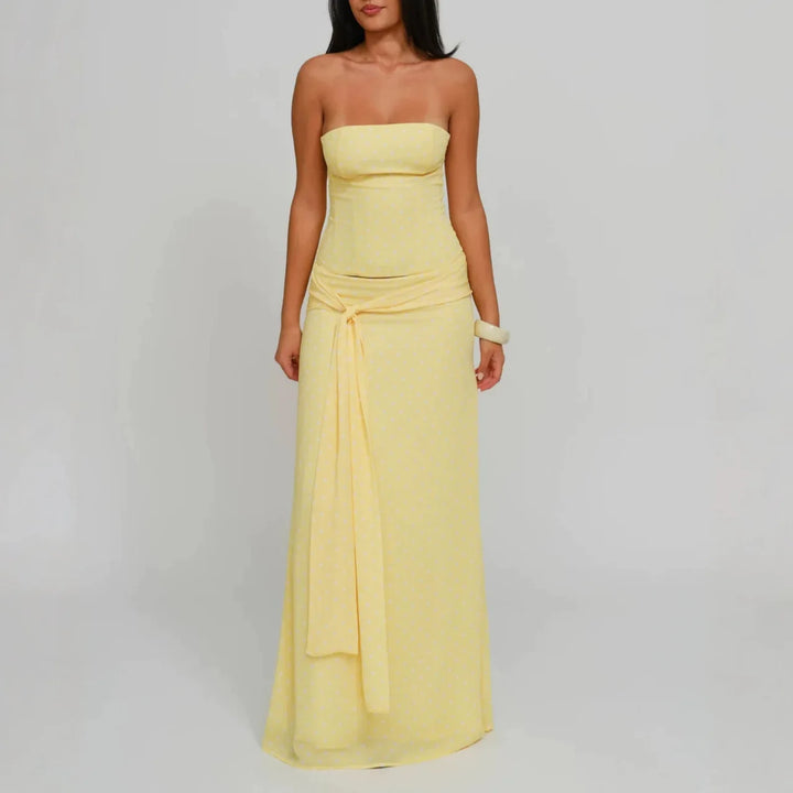 Elegant Strapless Tube Top and Maxi Skirt Two Piece Set Women Crop Top Tie Front Long Skirt Matching Sets Evening Party Vocation