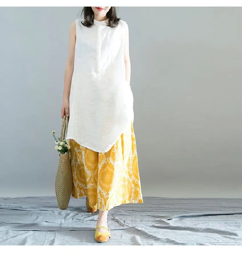Printed Loose Linen Wide-Leg Pants for Women, Cropped Pants with Elastic Waist, Casual Versatile Skirt Pants, Yellow