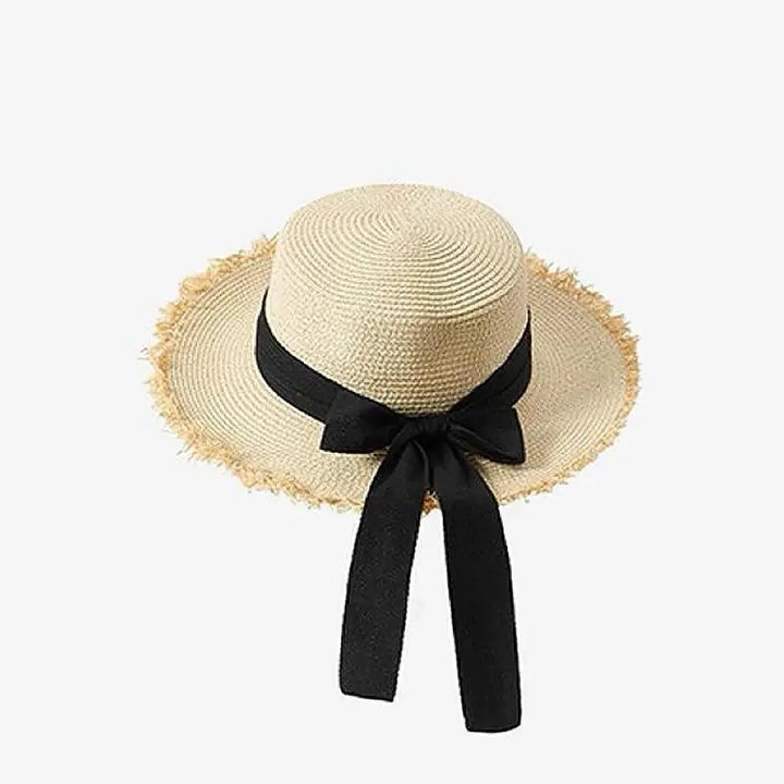 Straw Hat Women French Style Flat Top Wide Brim Sun Protective Hat Summer Beach Vacation Travel FashionHot