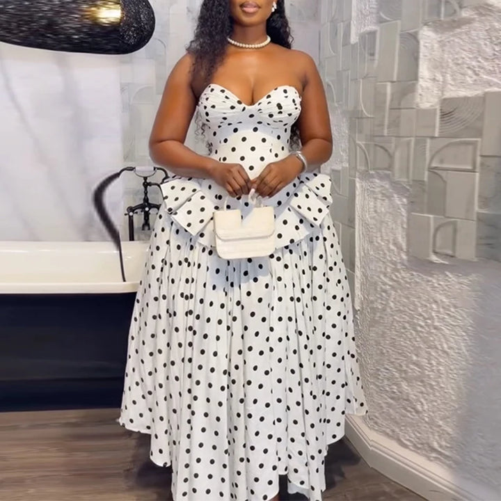 Fashion Hight Waist Summer Maxi Dress Vintage Polka Dot Ruffle Trim Long Dress  Women Sexy Sleeveless Lace Up Swing Party Dress