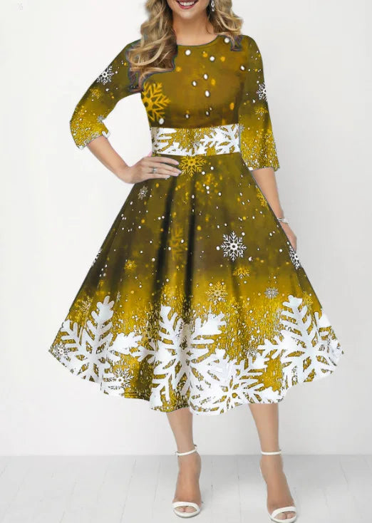 Winter Christmas Dresses Women Vintage Robe Swing Elegant Half Sleeve Casual Print Party Dress
