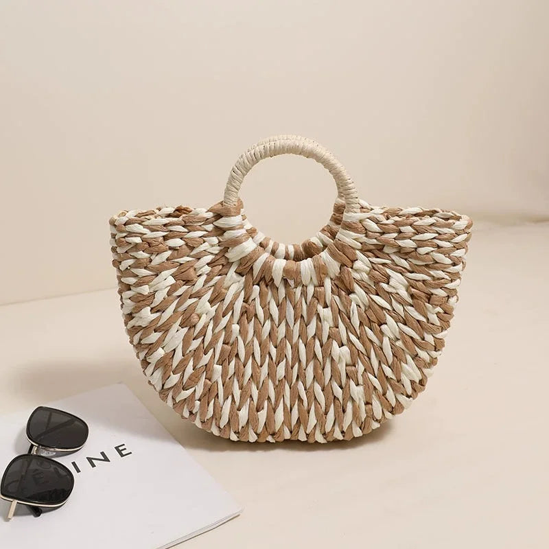 TOPHIGH Women Straw Tote Bag Large Capacity Luxury Designer Woven Bag Color Clash Semicircle Weaving Bag Summer Beach Handbag