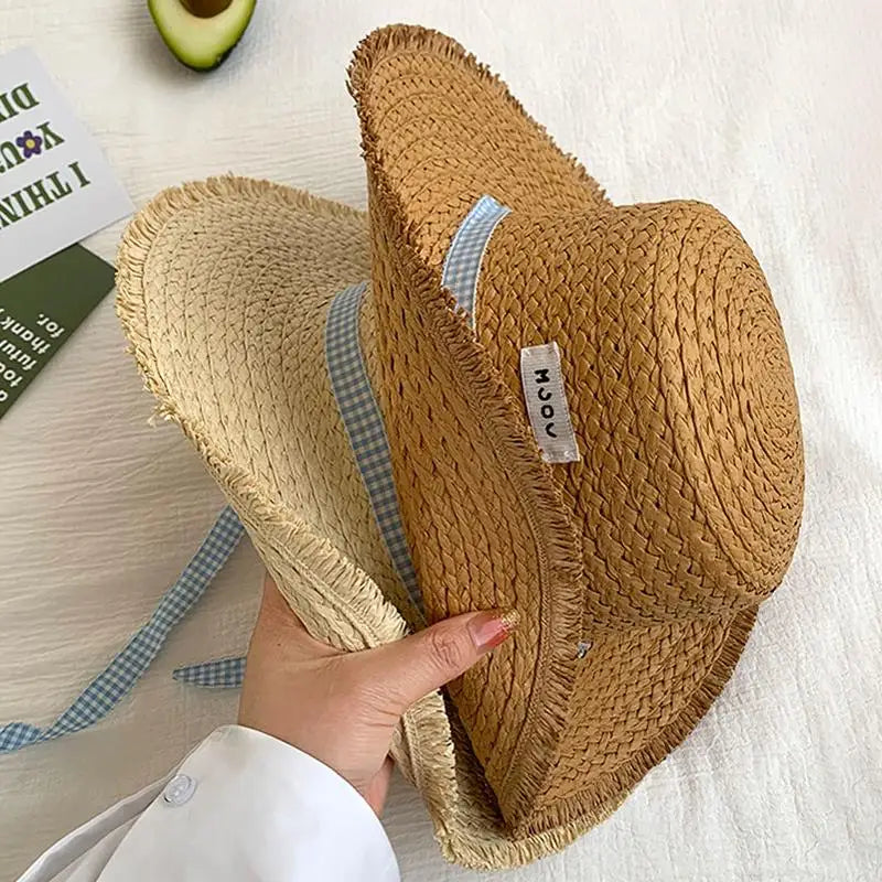 Wide-brimmed Straw Hat Women Beach Sun Hat Fashionable Sun Protection Floral Lace Bow Breathable Summer Hat for Vacation