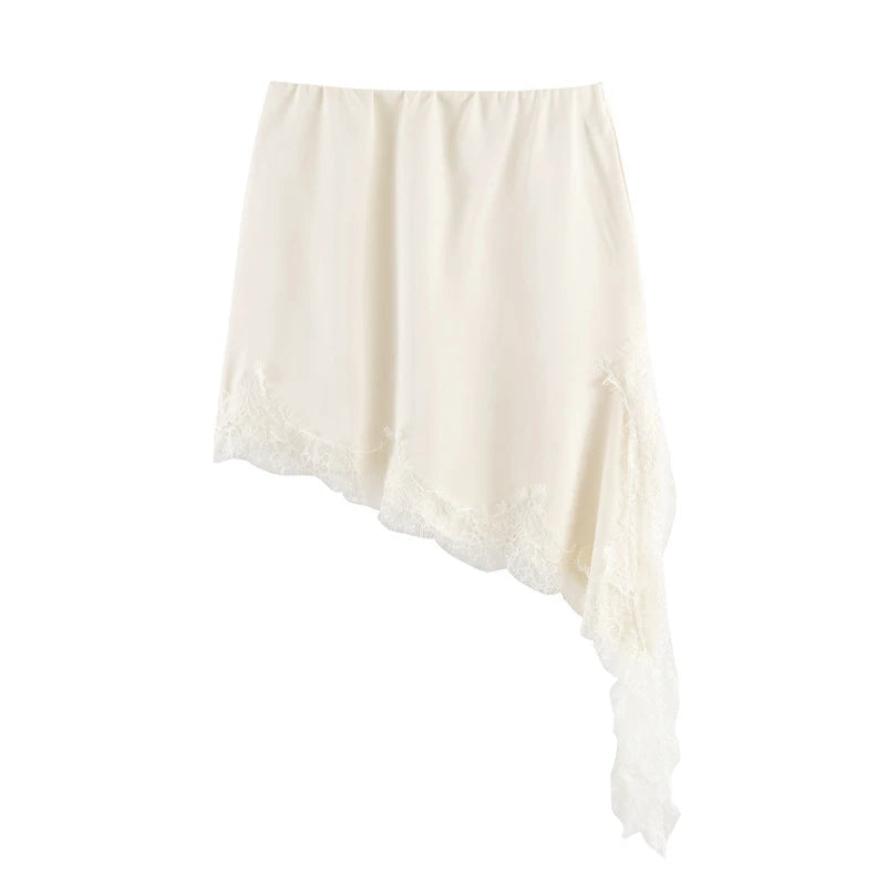 Summer Satin Lace Mini Skirt Women Elegant Irregular Lace Trim MIni Skirt Vintage Elastic Waist Flowy A Line Mini Skirts Y2k