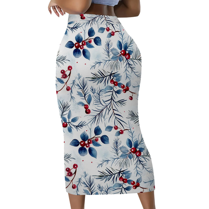 Floral Print Pencil Skirt, Red Berry Leaf Pattern Midi Skirt, High Waist Bodycon Skirt for Women Office Party Wear S-2XL