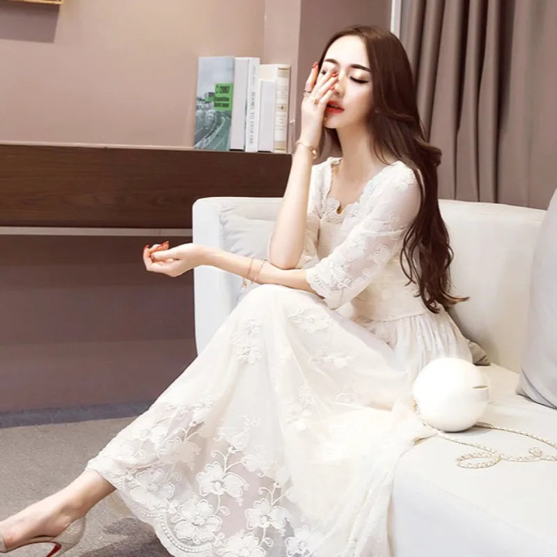 Female Dress Long White Embroidery Maxi Birthday Women&