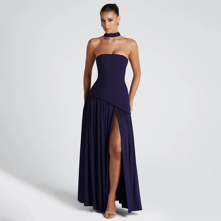 Elegant Strapless Maxi Dress Women Chic Scarf Neck High Split Long Evening Dress Bodycon Prom Party Wedding Guest Vestidos