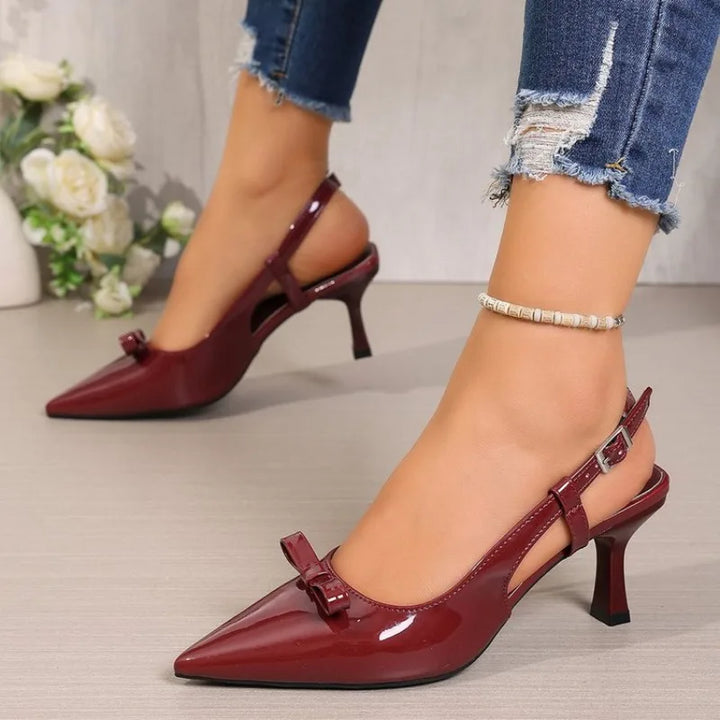Women Pointed Toe Slingback Heels Elegant Patent Leather Metal Buckle Mid Kitten Heel Dress Shoes for Party Office Wedding Shoes