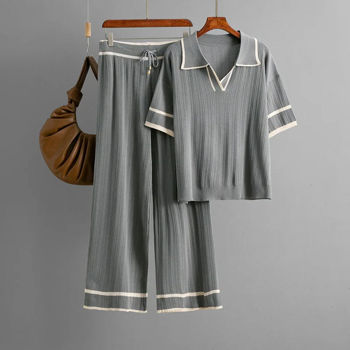 Knitting 2 Piece Sets Women Top Polo Shirt Suit Wide Leg Straight Pants Outfits Lace Up Casual Knitwear Ensemble 2025 Summer