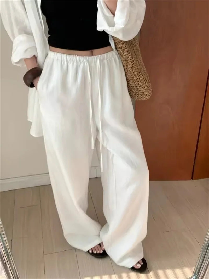 Fashion Casual Linen Wide-leg Pants Summer Loose Versatile Drawstring White Casual Straight Trousers Female