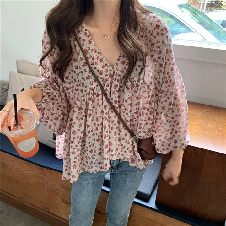 V-neck Chiffon Shirt Women Sweet Tops Blouse 2025 Spring Korean Floral Print Long Sleeve Casual Loose Slim Lady Clothes New 9307