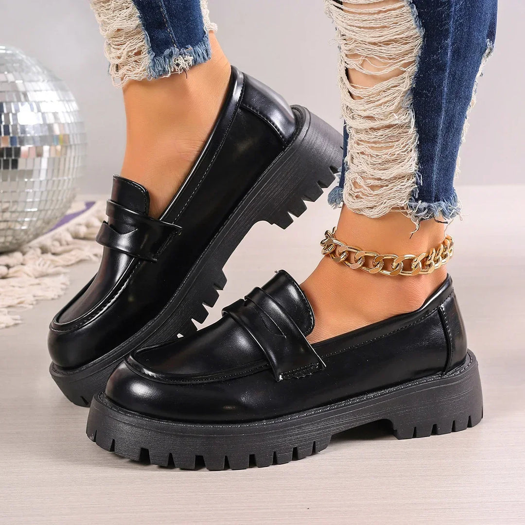 Casual Platform Loafers Woman 2025 British Style Black Brown PU Leather Shoes for Women Comfort Slip On Flats Plus Size