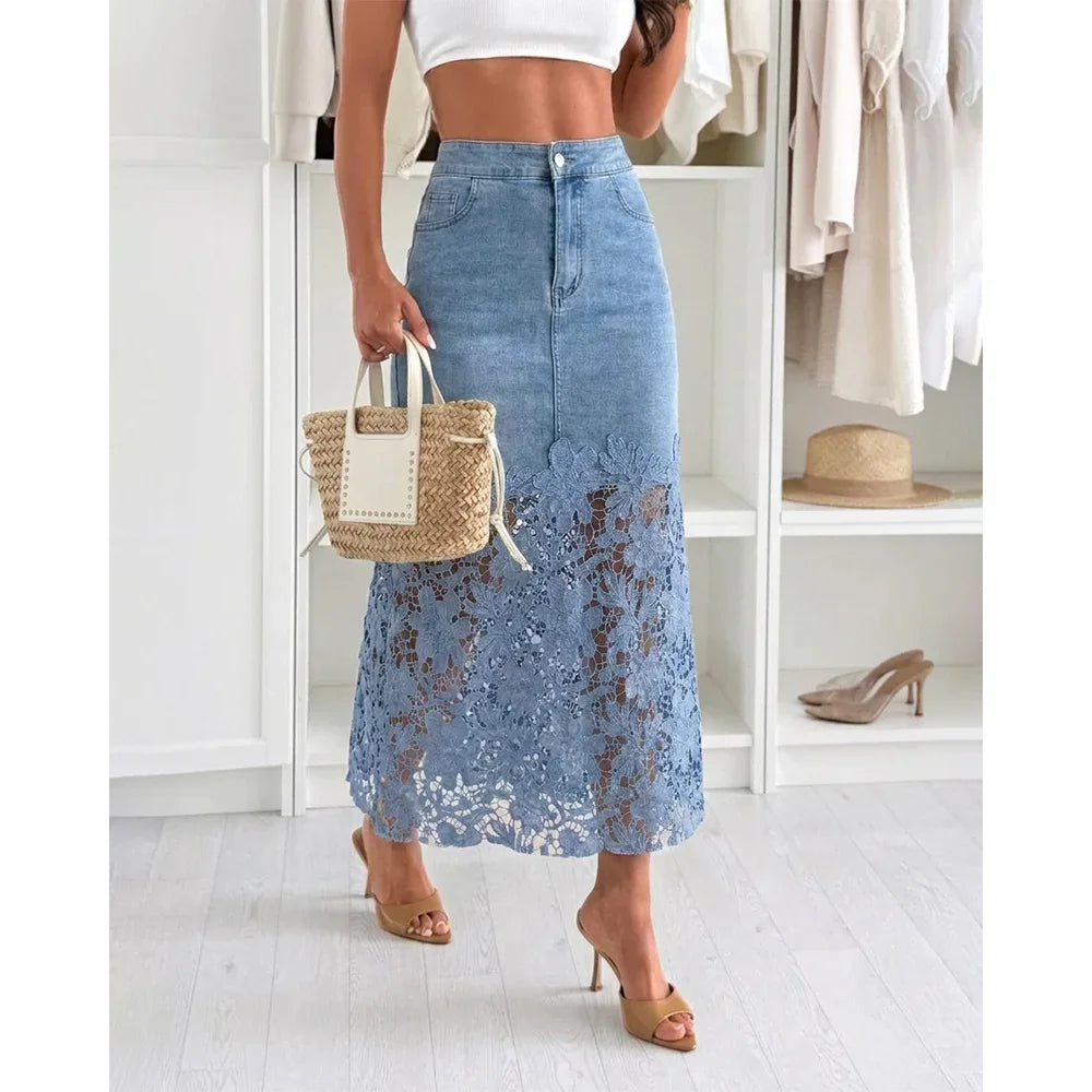Women Light Wash Denim Midi Skirt High Waist Floral Hollow Lace Patchwork Split Hem A Line Long Jean Skirt Summer Casual