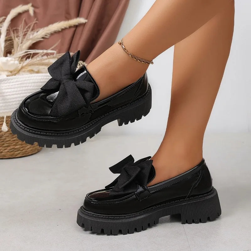 Women British Style Loafers bowknot Chunky Heel Leather Flats Autumn Slip-On Shoes Versatile Work Shoes Platform Oxford Shoes