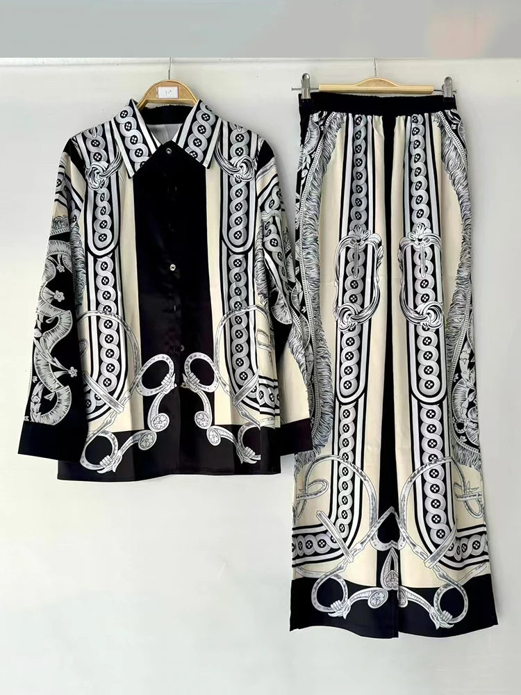 Retro geometric print lapel straight leg shirt two-piece set for 2026 spring women&