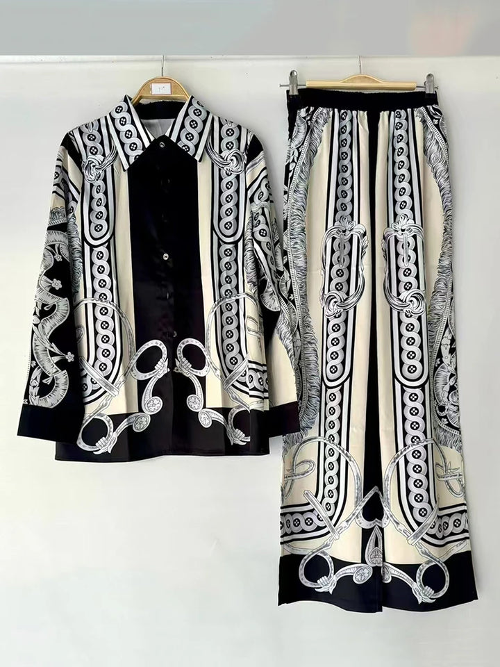 Retro geometric print lapel straight leg shirt two-piece set for 2026 spring women&