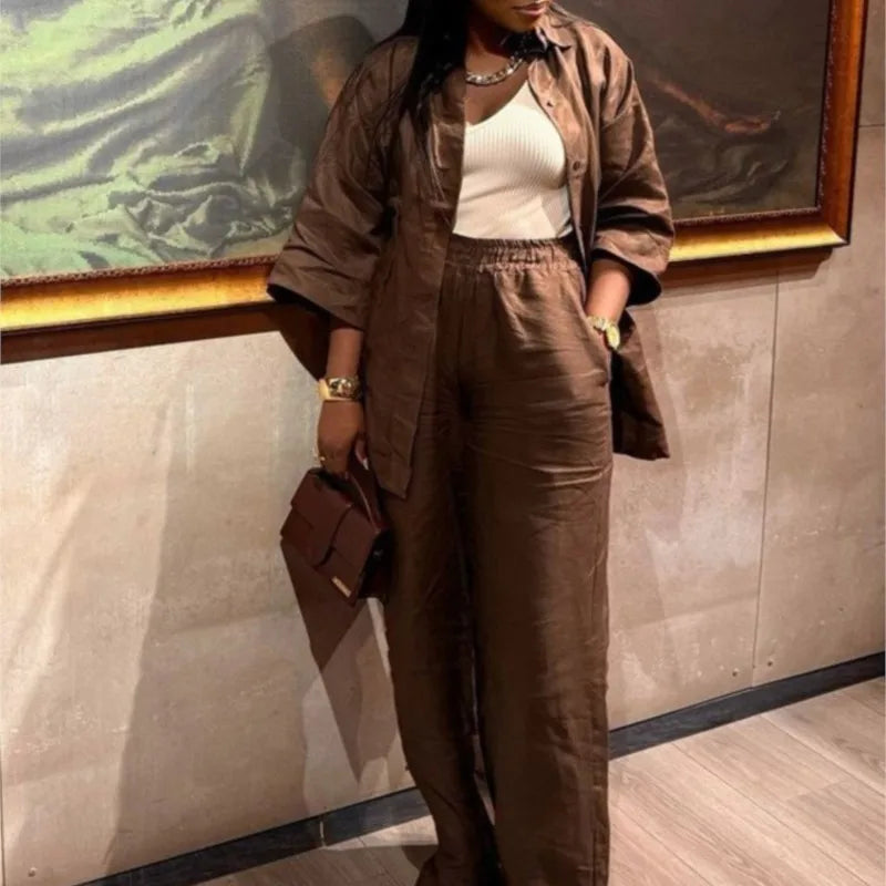 Cotton Linen Pants Sets Women Spring Summer Loose Long Sleeve Shirt + Trousers Two Piece Outfit Casual Office Brown Ladies Suit
