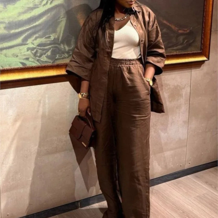 Cotton Linen Pants Sets Women Spring Summer Loose Long Sleeve Shirt + Trousers Two Piece Outfit Casual Office Brown Ladies Suit
