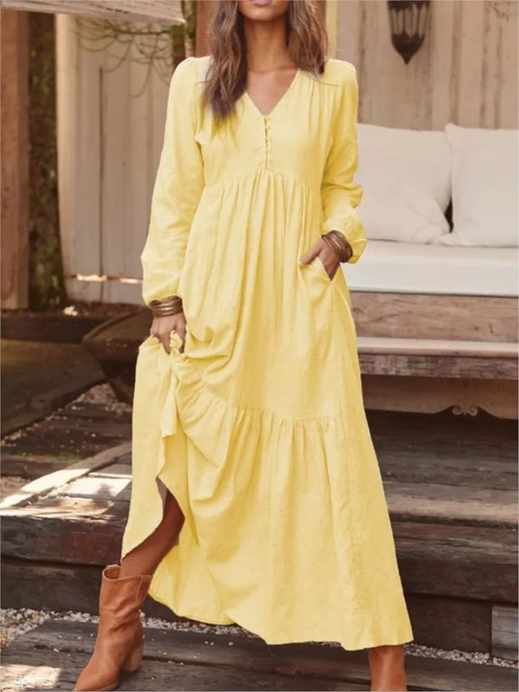 Cotton And Linen Vintage Style Long Dress For Women Casual V Neck Long Sleeve Loose Maxi Dresses Female Elegant Women&