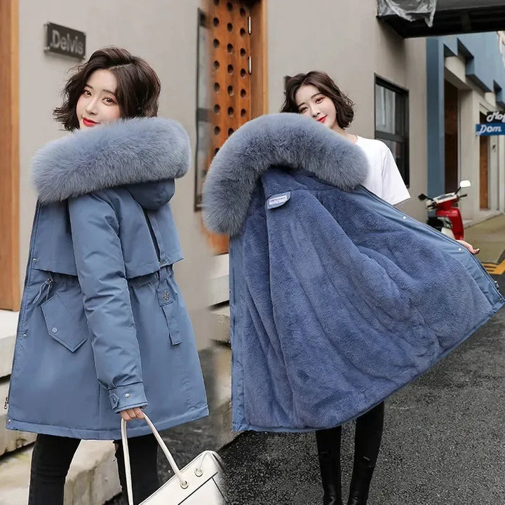 Winter Jacket Women Parka Fashion Long Coat Wool Liner Hooded Parkas Slim With Fur Collar Warm Snow Wear Padded Clothes