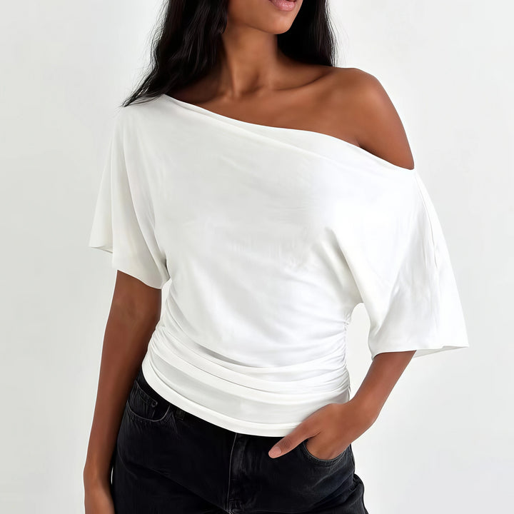 Women One‑Off‑Shoulder Satin T‑Shirt Waist Ruched Slim Fit Crop Top Solid Color Slanted Shoulder Y2K Casual Women Tees Tops