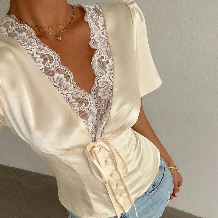 Satin Lace V-Neck T-shirt Top For Women Summer Lace-Up Hollow Out Short Sleeve Cropped Tops Pullover Female Bandage Tops Tee