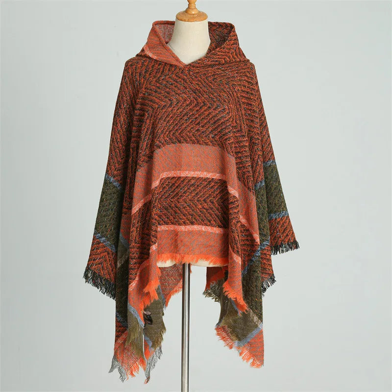 Knitted Imitation Cashmere Poncho Scarf Shawl Hooded Cape Pullover Cloak Scarves Tassels Coat Elegant Casual Outerwear for Women