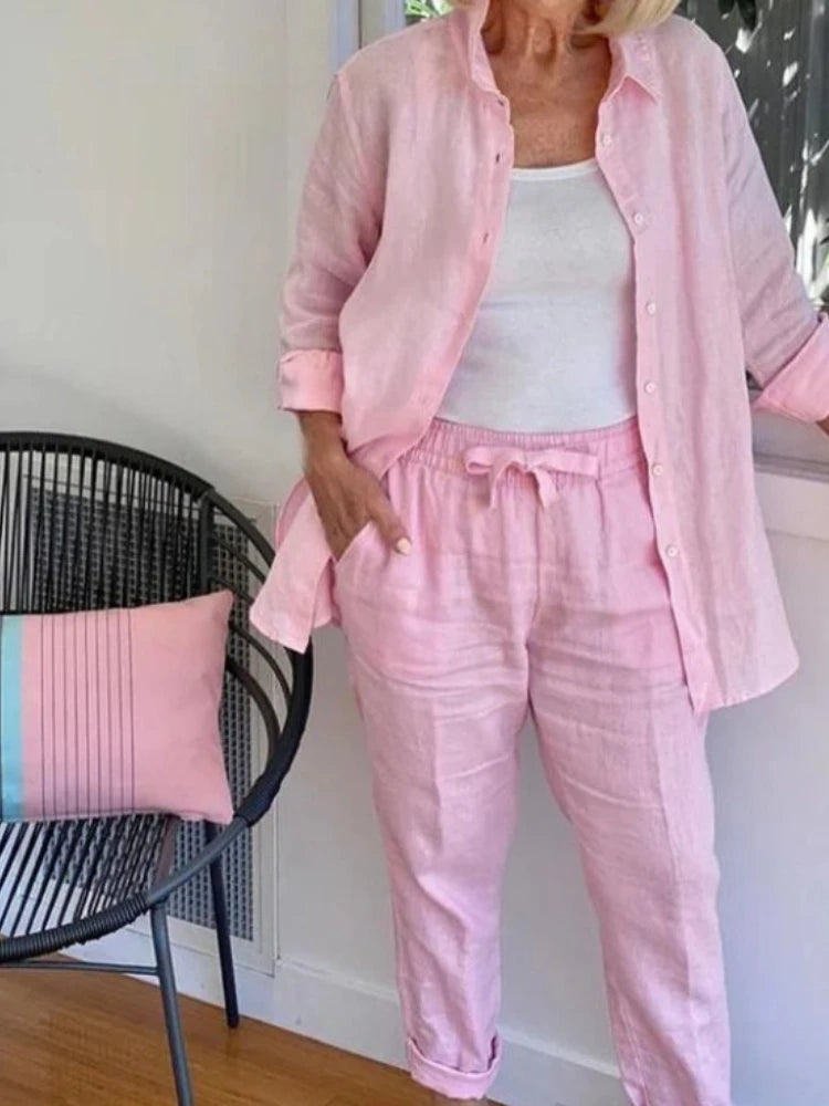 Cotton Linen Set Women Spring Summer Loose Oversize Long Sleeve Shirt Long Pants 2 Piece Sets Casual Office Ladies Trousers Suit