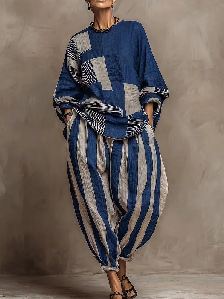Retro Loose Print Shirt Pants Two-piece Set Long Sleeve Oversize Blouses Wide Leg Pants Suit Fashion Women Casual Sets Autumn