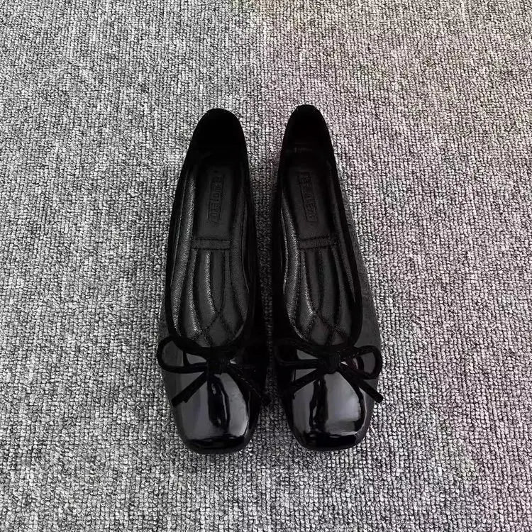 Women Ballet Flats Square Toe Bowknot Slip on Patent-Look Glossy Shoes Ladies Casual Office Everyday Walking Dress Footwear