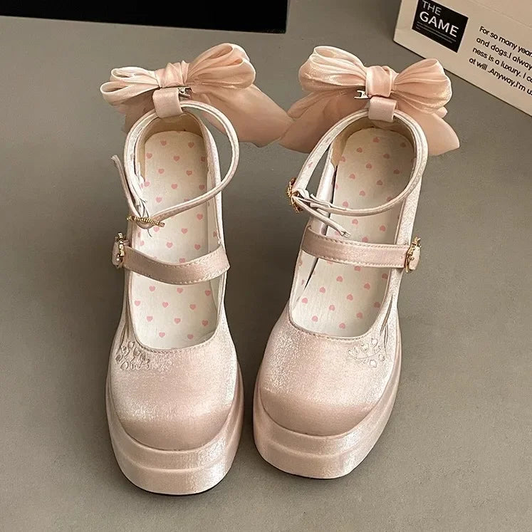 Women High Heel Shoes Lolita Pumps Fashion Spring Autumn Ladies Outdoor Retro Bow Mary Jane French Elegant 6-8cm High Heels