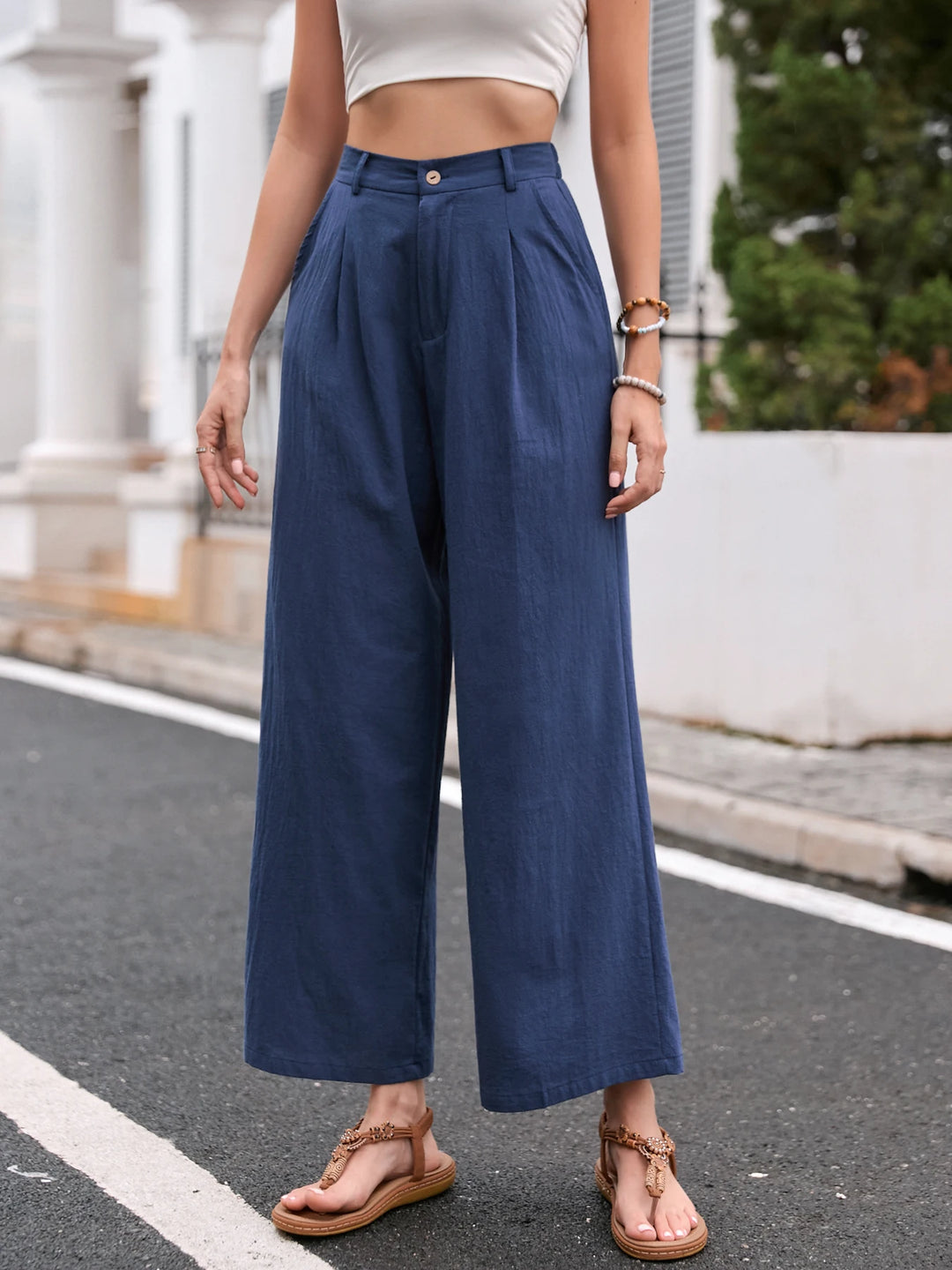 Elegant Solid Color Linen Wide Leg Pants for Women High Waist Drapey Casual Summer Loose Slimming Long Trousers Spring Autumn
