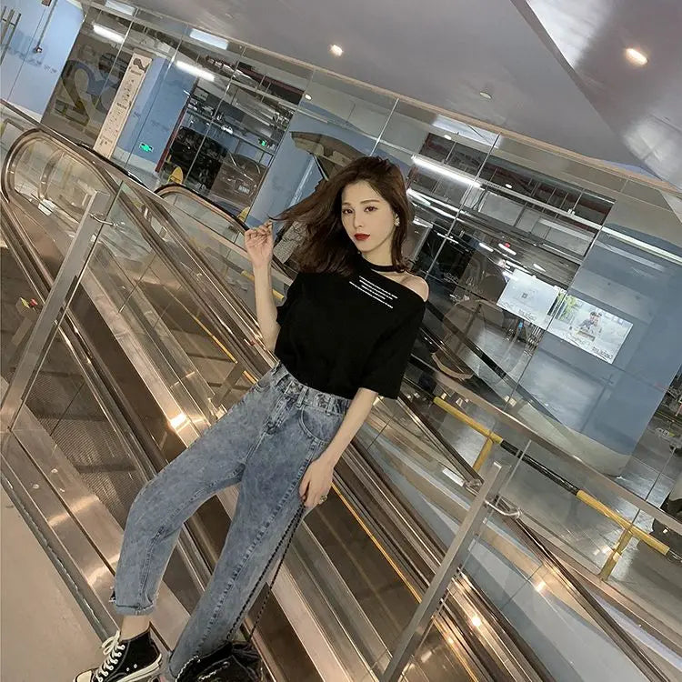 Off-the-shoulder T-shirt Women Short Sleeve 2025 Summer New Korean Version Loose Off-shoulder Short Sleeve Top