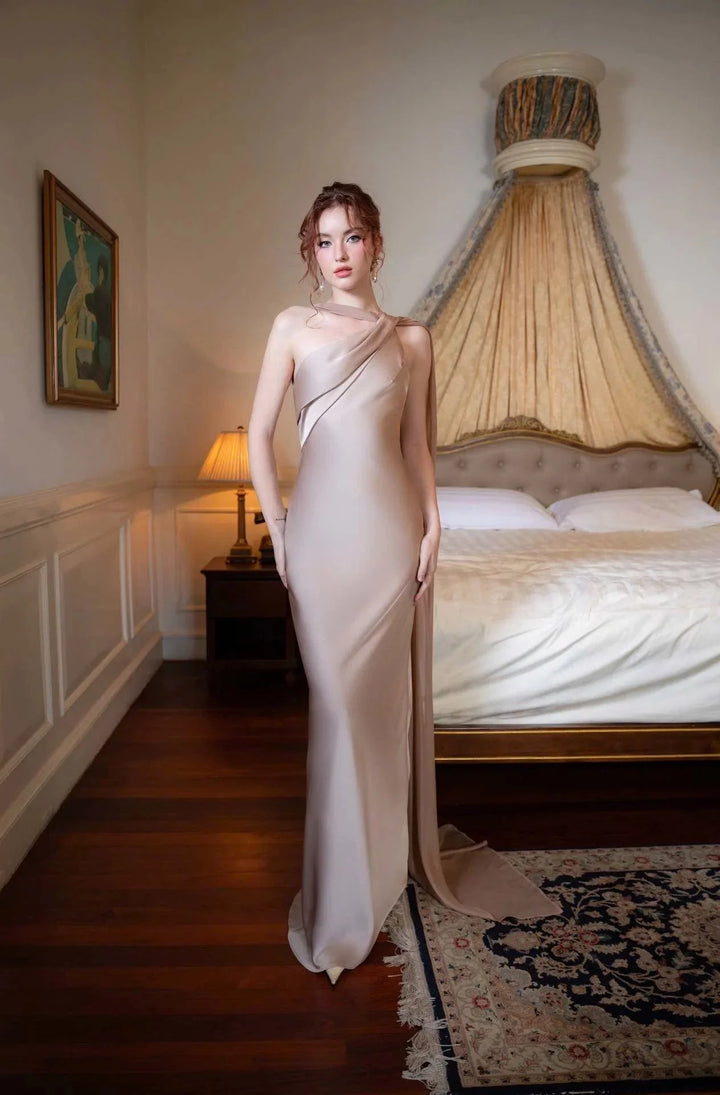 Satin One Shoulder Mermaid Maxi Dress Women Elegant Party Bodycon Slim White Evening Gown Formal Banquet Robe Female Clothing