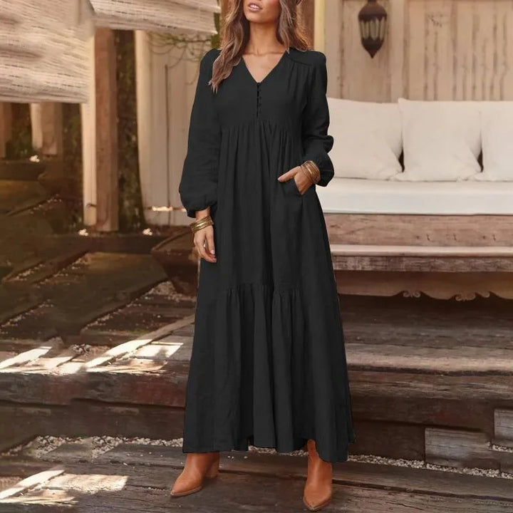 Cotton And Linen Vintage Style Long Dress For Women Casual V Neck Long Sleeve Loose Maxi Dresses Female Elegant Women&
